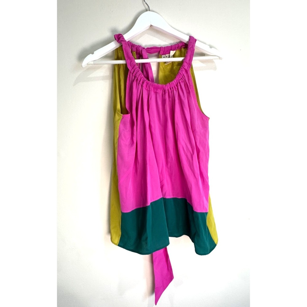 Marni for H&M %100 Silk Colorblock Top Sleeveless Bow Back Yellow Pink Size 8 - Picture 3 of 11
